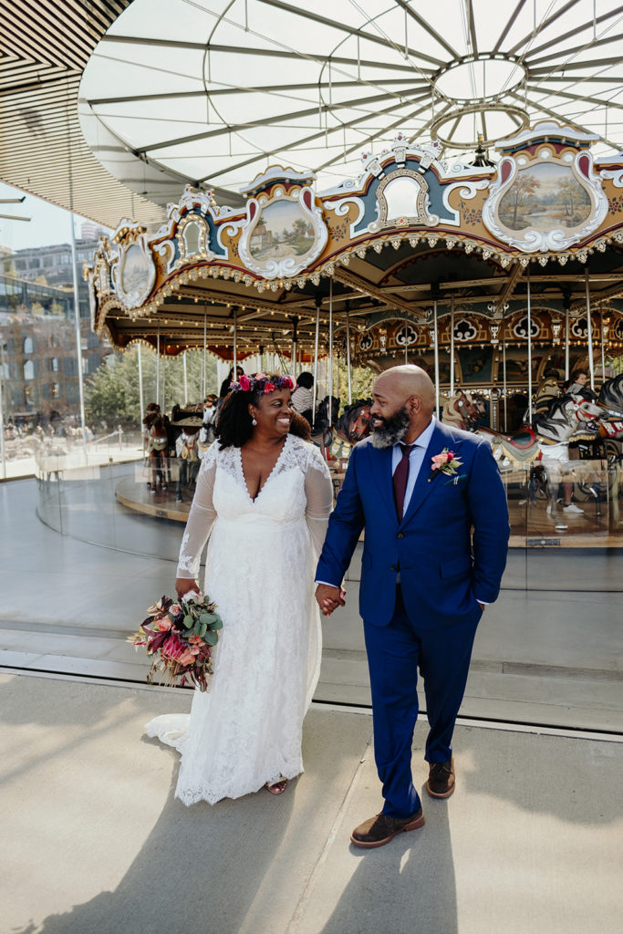 Bride and Groom at Janes Carousel Brooklyn Bridge, NY