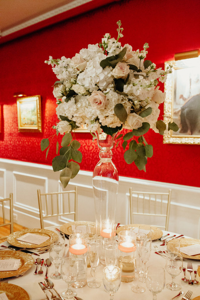 Elegant Table floral arrangement Wedding Reception Details at James Ward Mansion Wedding