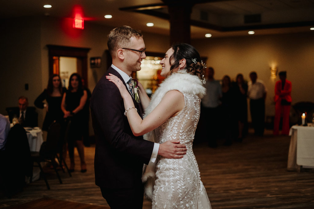 Bride and groom first dance at reception at Southwick's Zoo Mendon MA Wedding