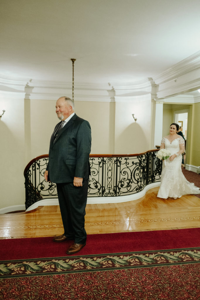 Bride has first look with Father of the Bride at Tupper Manor Wedding