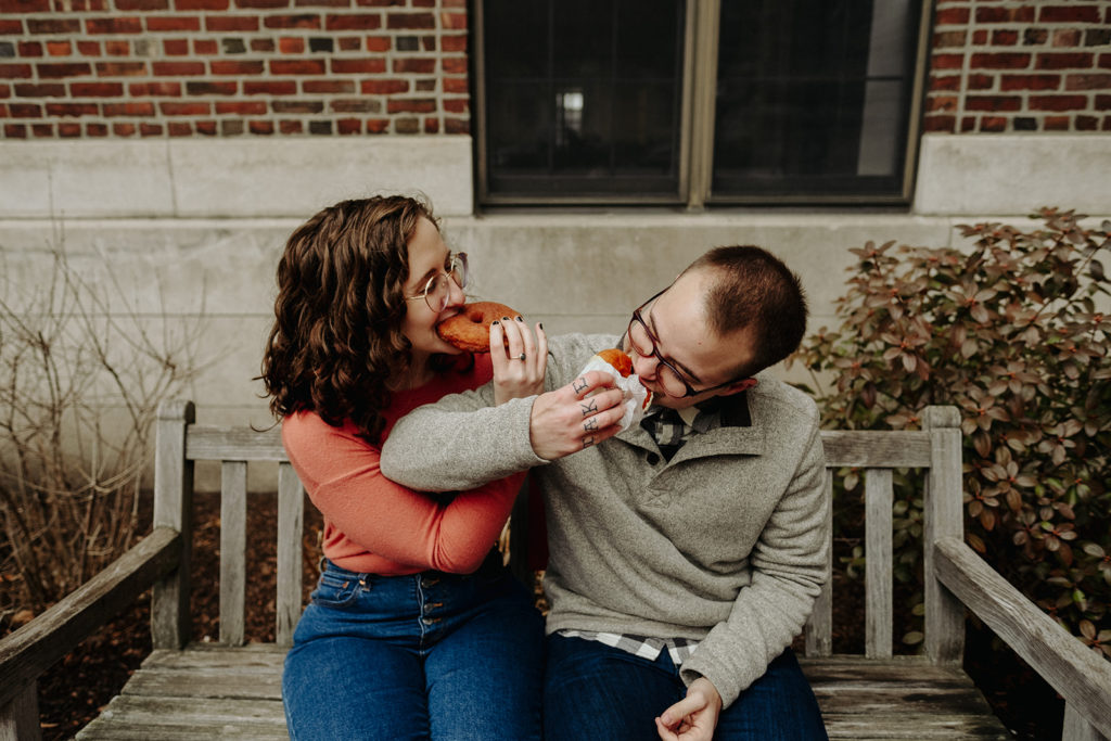 Couple eats vegan doughnuts Engagement Session Back Bay, Boston