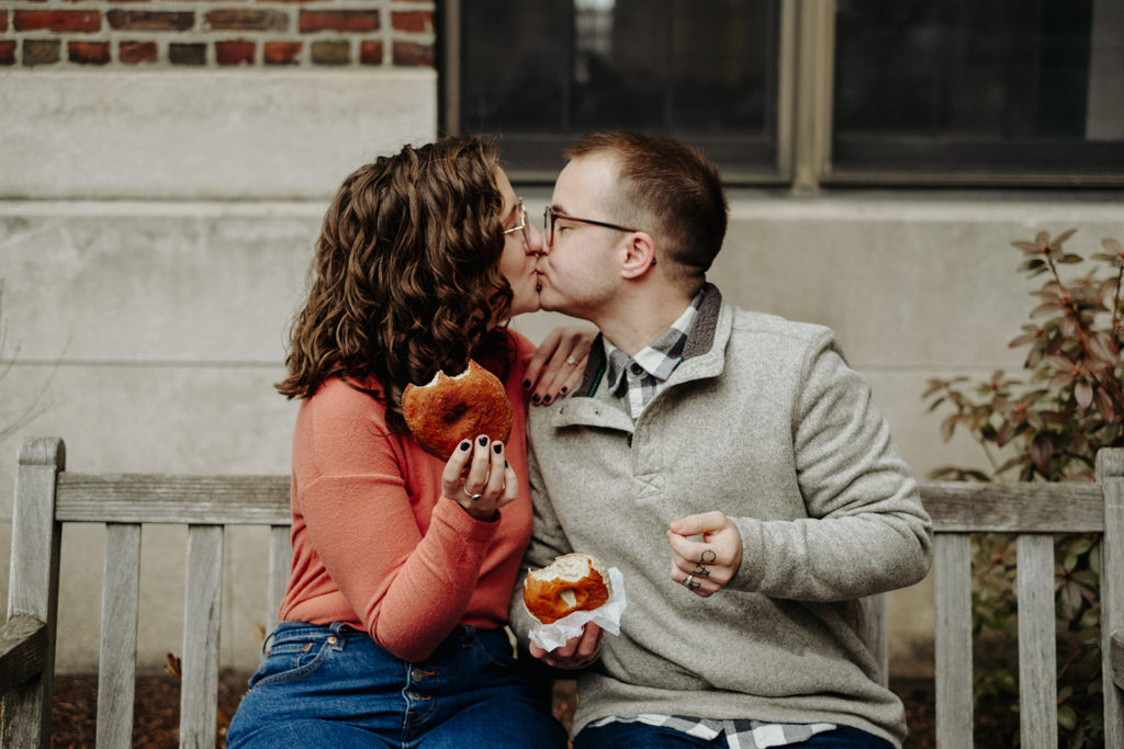 Couple eats vegan doughnuts Engagement Session Back Bay, Boston