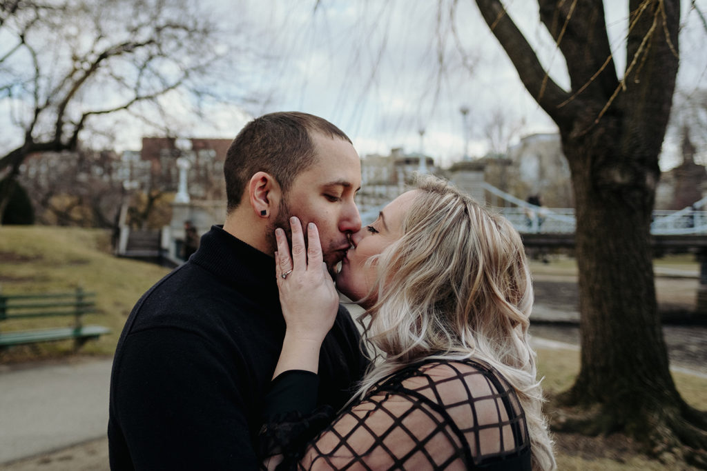 Couple pose during Boston Public Garden Engagement Photos