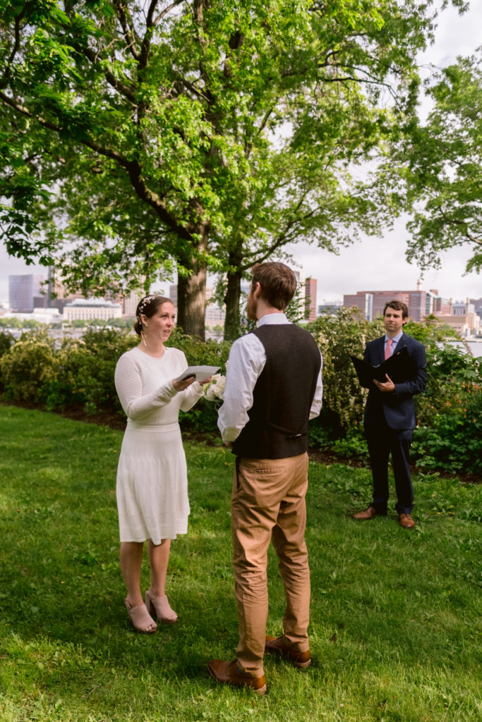 Emotional Bride reads vows during Charles River Esplanade Elopement