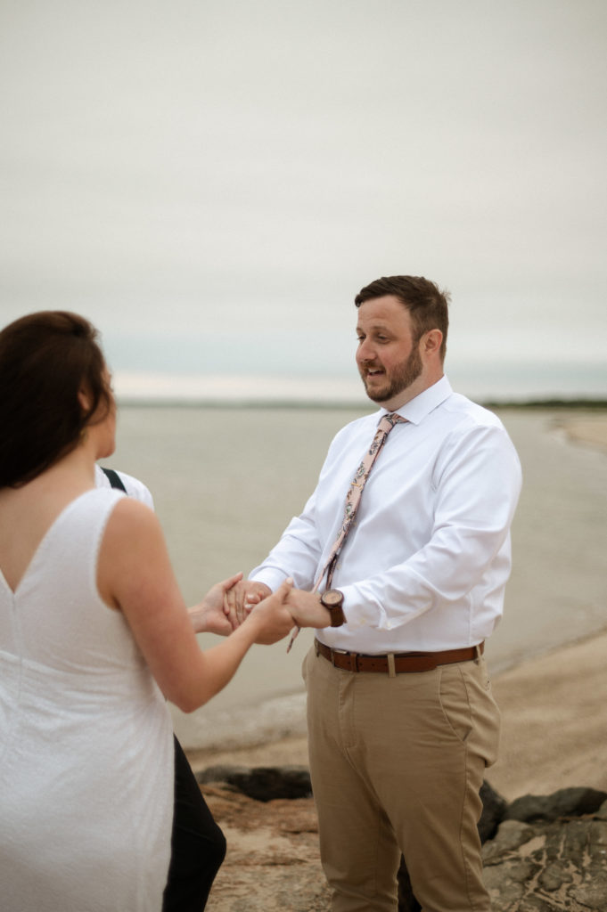 Bride and groom during their cape cod minimony