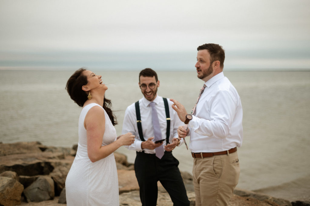Bride and groom during their cape cod minimony