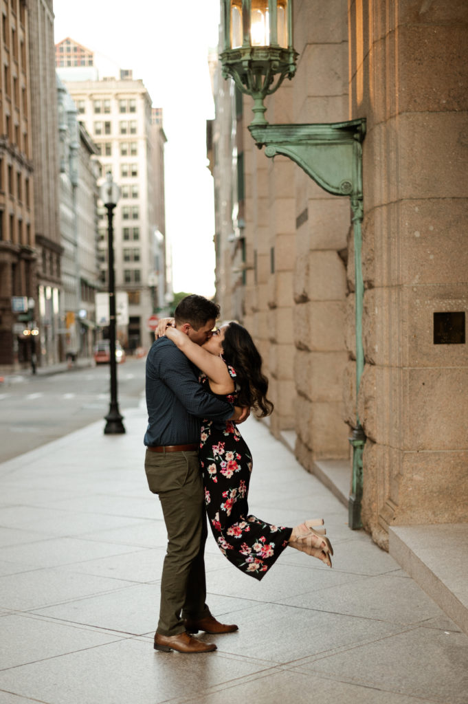 Newly Engaged Couple walk through streets of Boston