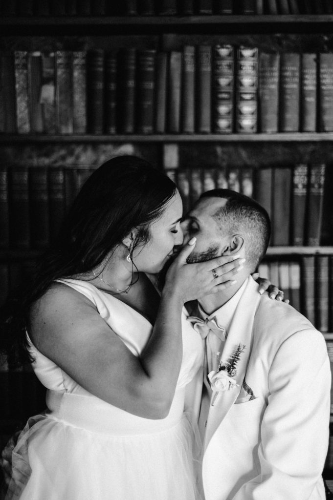 Bride and groom in library, White Mountains New Hampshire Wedding