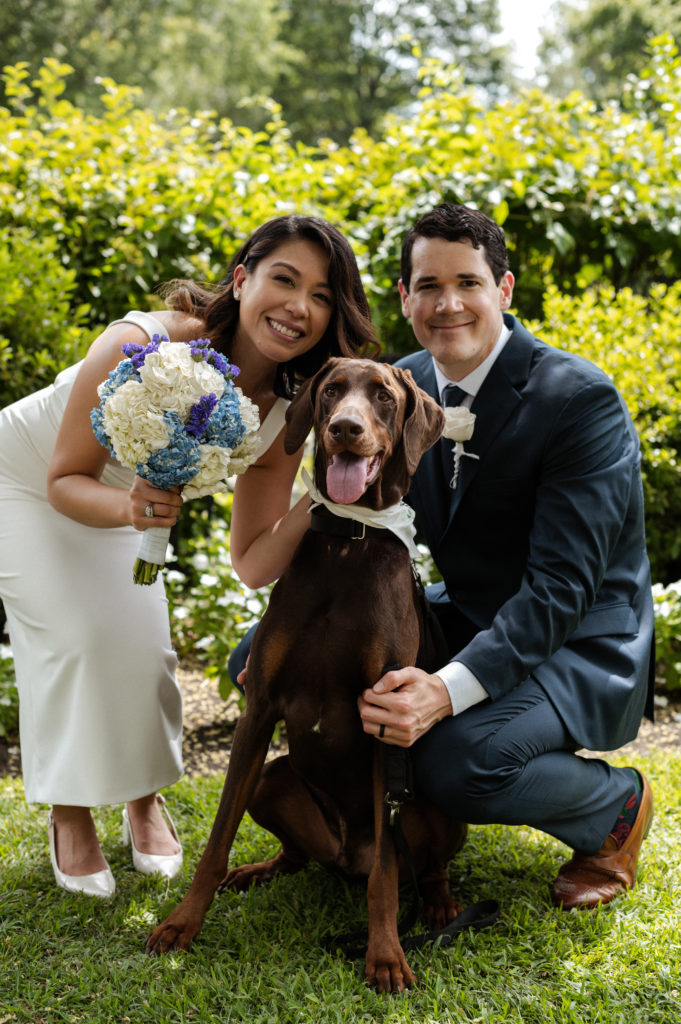 Bride and groom pose with their dog during Winchester Minimony in Boston MA