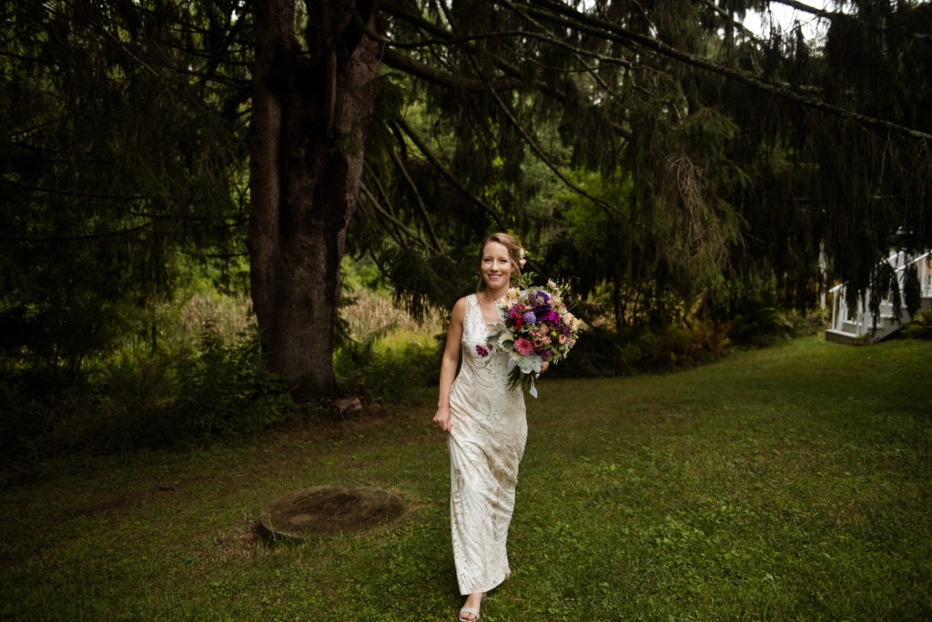 Bride in BHLDN wedding gown for her Berkshires Backyard Wedding