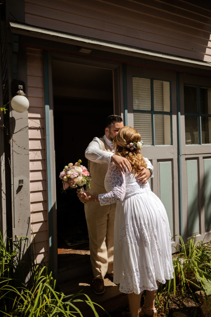 Bride and groom first look at the Oak Bluffs Inn for Martha's Vineyard Wedding