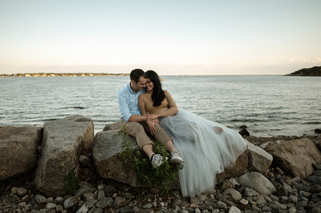 Sunset engagement session in Gloucester Massachusetts at Half Moon Beach