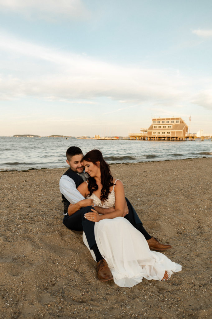 Bride and groom romantic portrait during Boston Minimony on Wollaston Beach Quincy - Boston Wedding Photographer Jemima Richards