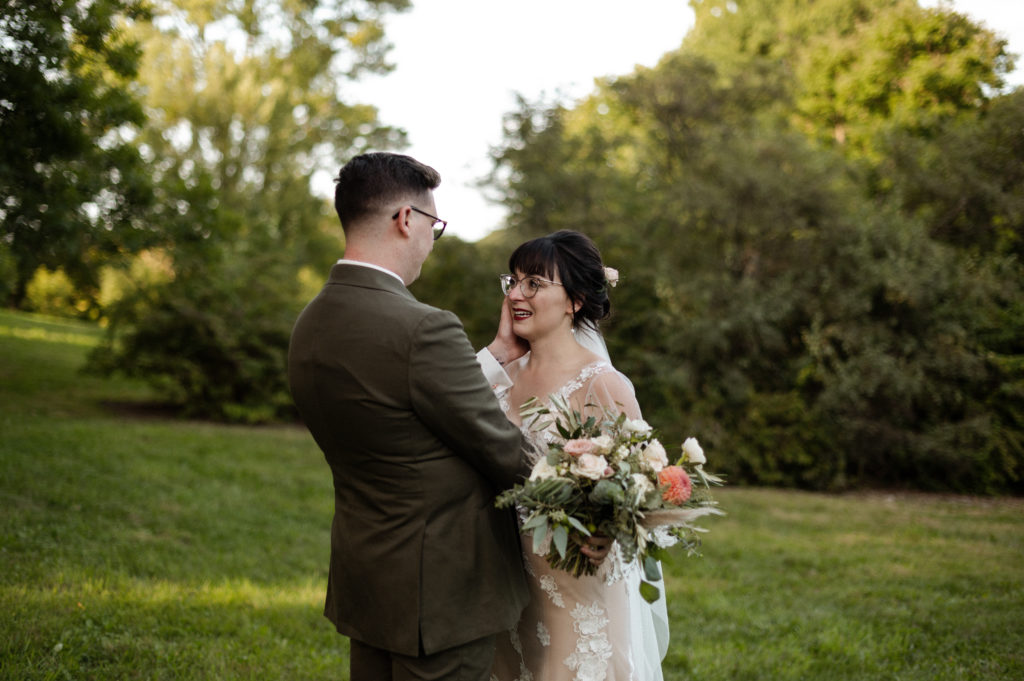 Vintage styled couple have first look in Arnold Arboretum Boston