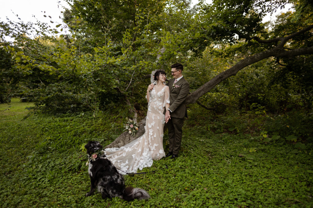 Bride and groom portraits with their dog wearing a flower collar in Boston's Arnold Arboretum with stylish boho vintage elopement