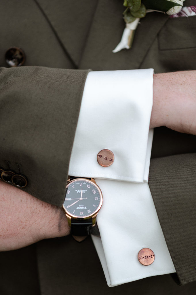 Groom's vintage inspired rose gold cufflinks and wristwatch
