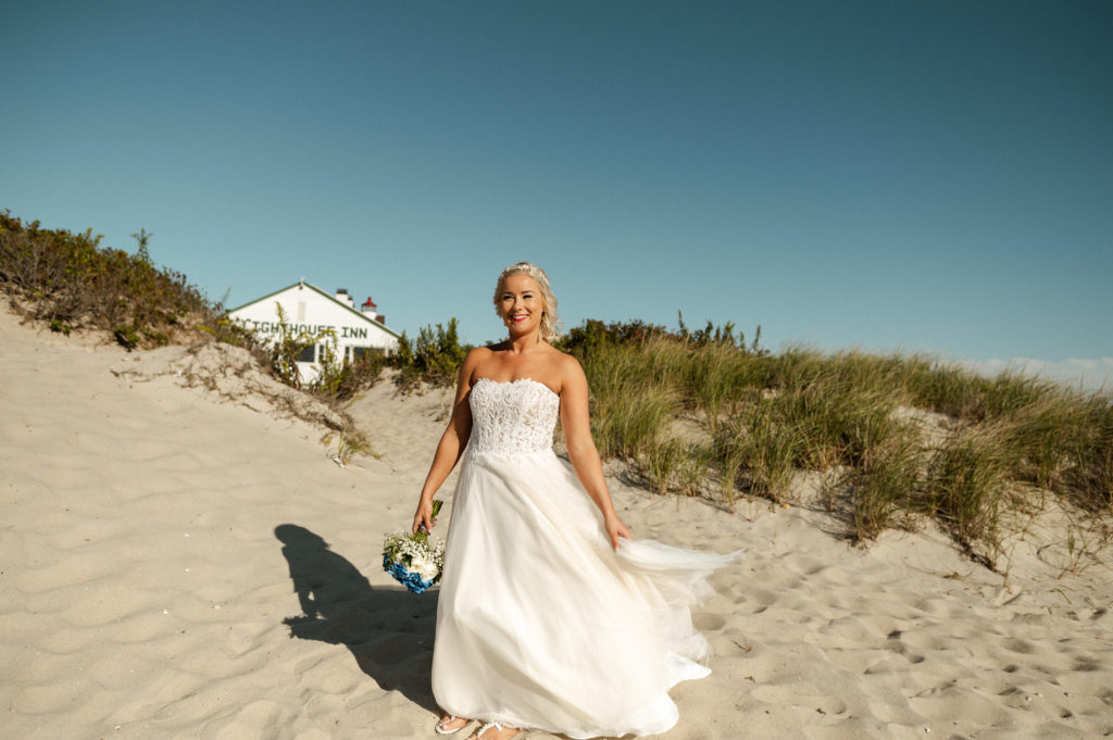 Bride and groom beach wedding portraits in West Dennis Massachusetts at the Lighthouse Inn on Cape Cod
