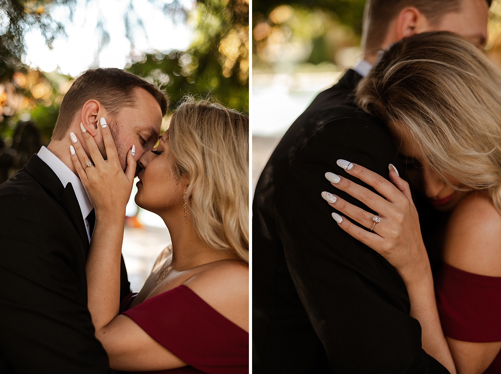 Couple kissing and woman showing off engagement ring