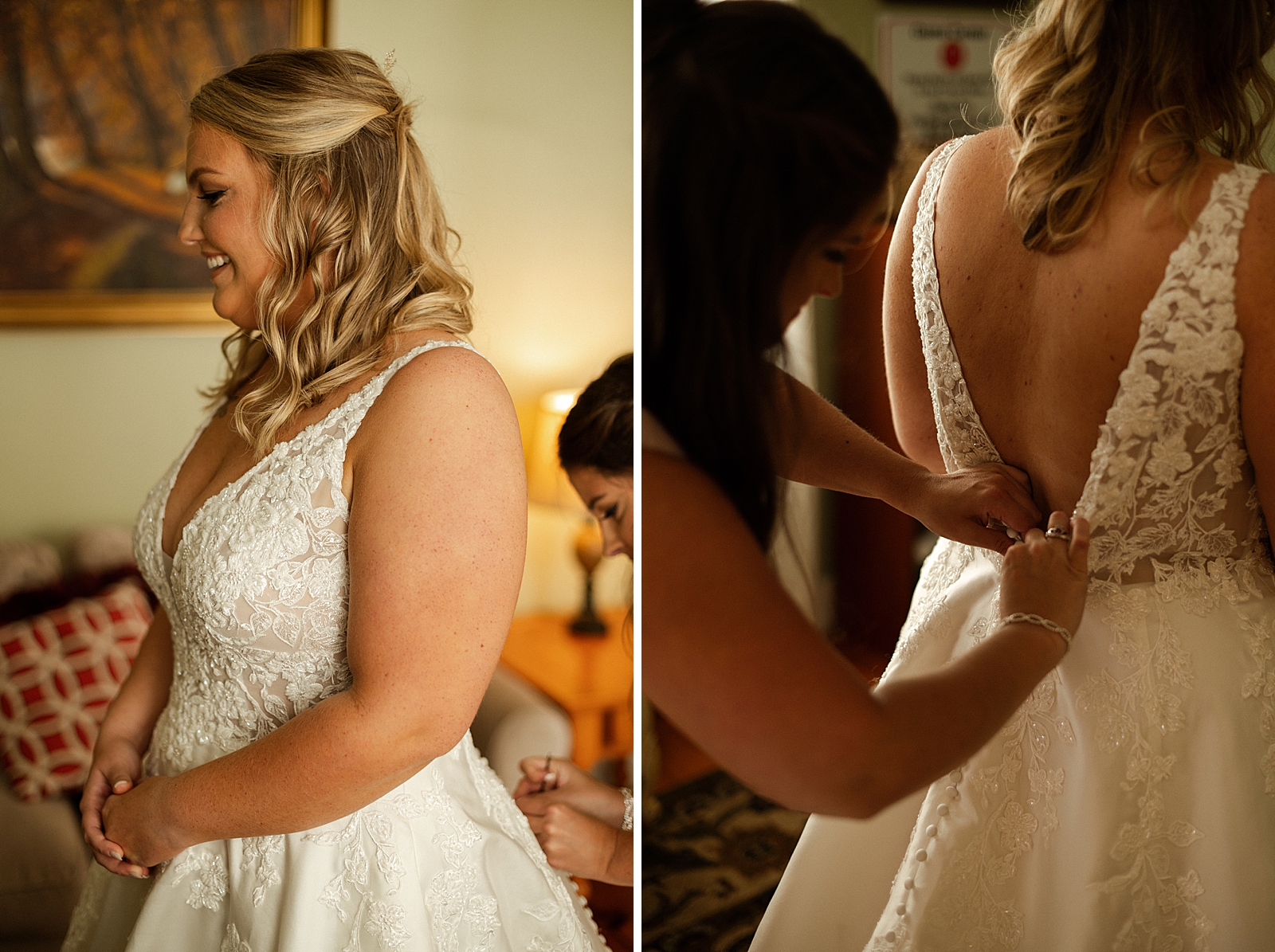 Bride getting help buttoning wedding dress