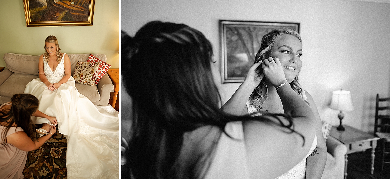 Bride finishing up getting ready with help