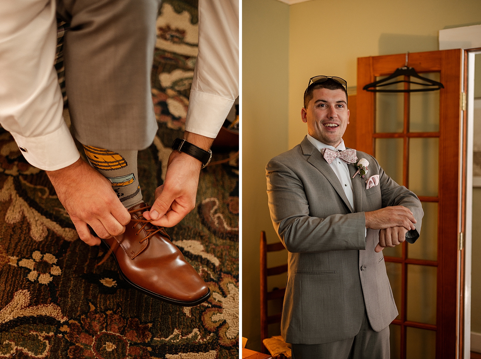 Groom tying shoes getting ready