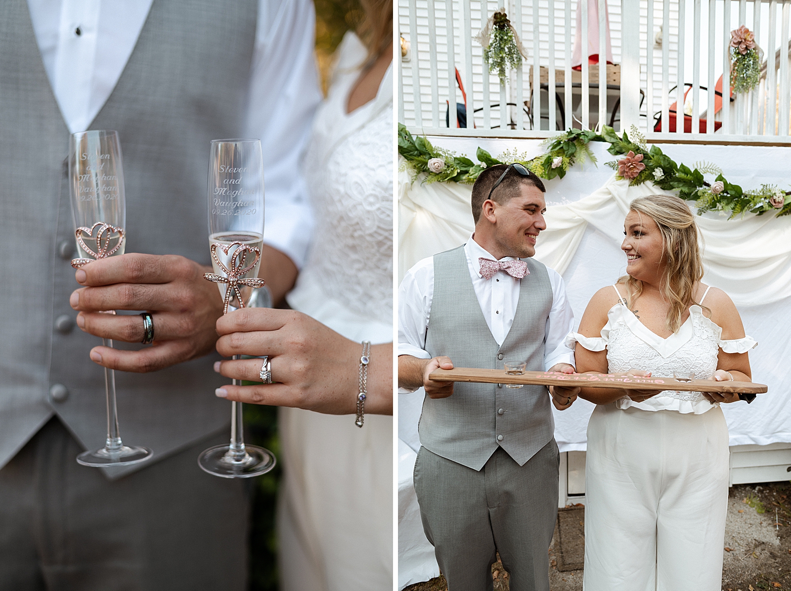 Closeup of Champaign glasses in Bride and Groom's hand