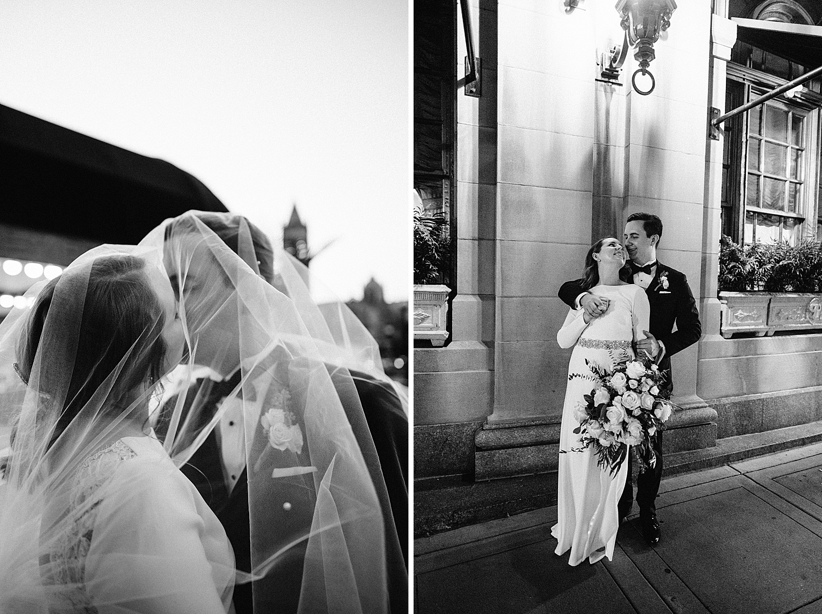 B&W Bride and Groom kissing under the veil