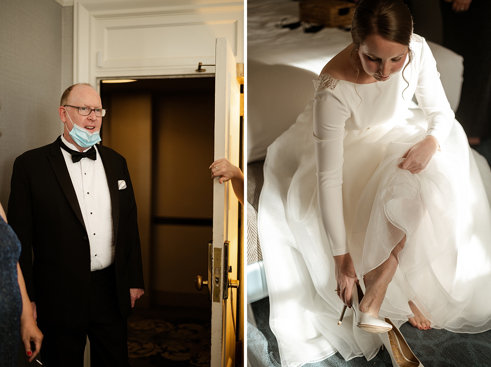 Father reacting to Bride after getting ready and Bride putting of Wedding heels