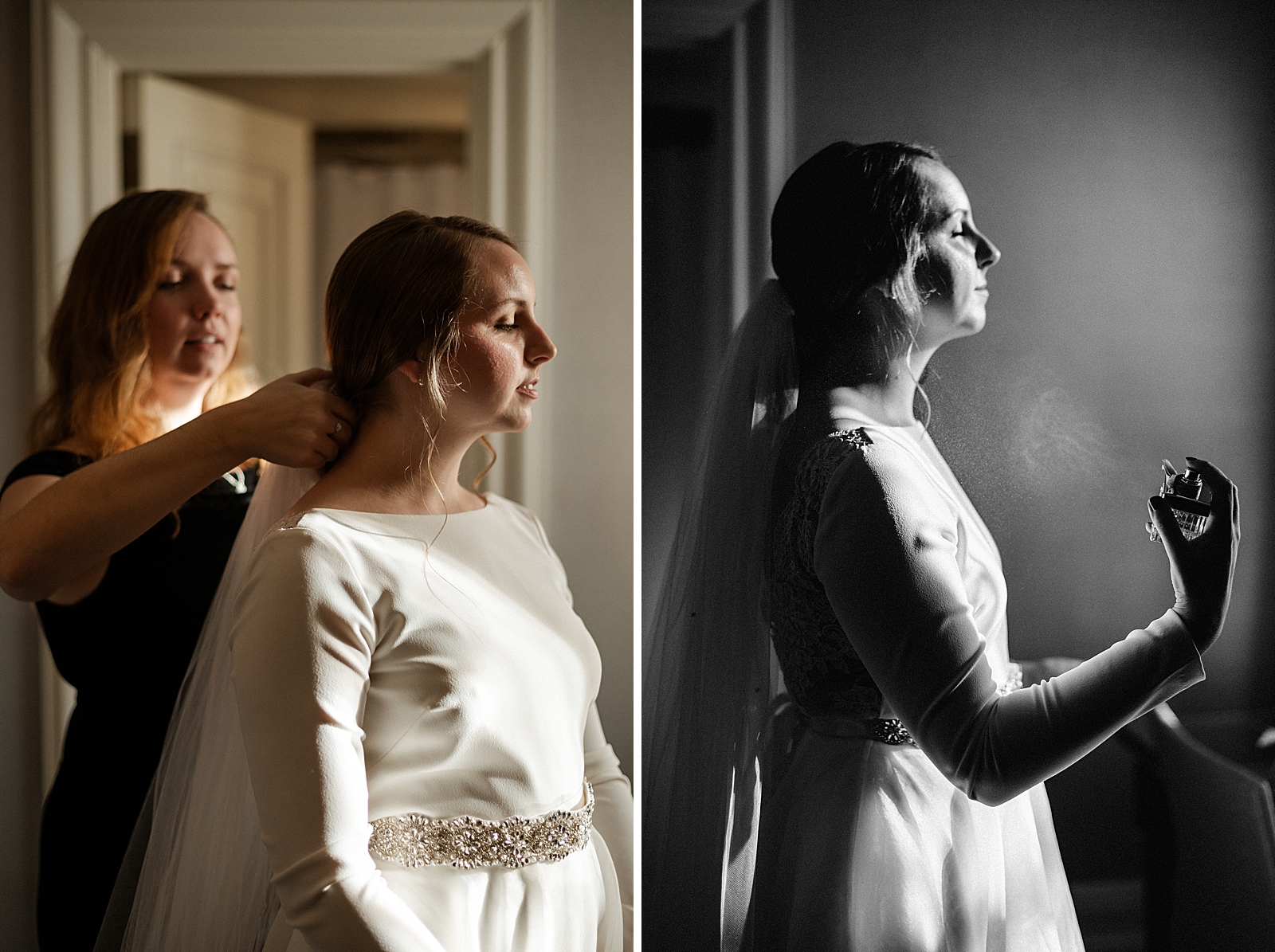 Bride getting ready with Bridesmaid putting on veil