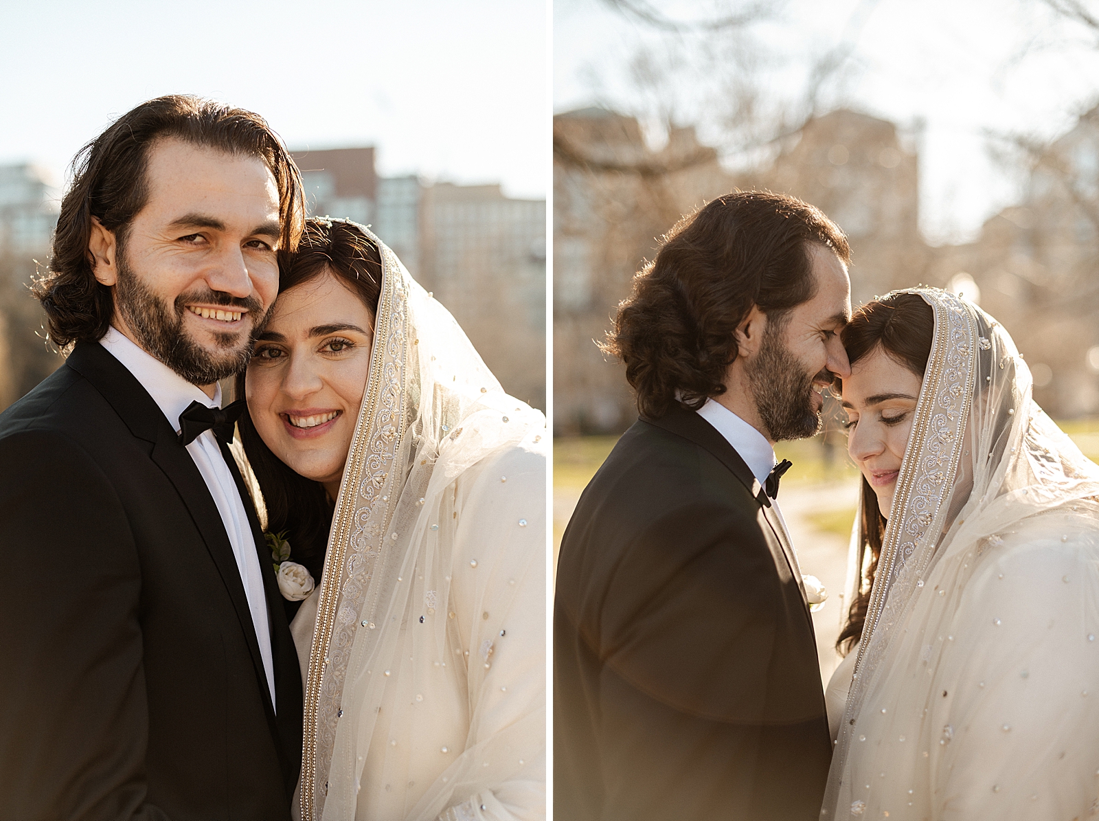 Portraits of Bride and Groom holding each other close