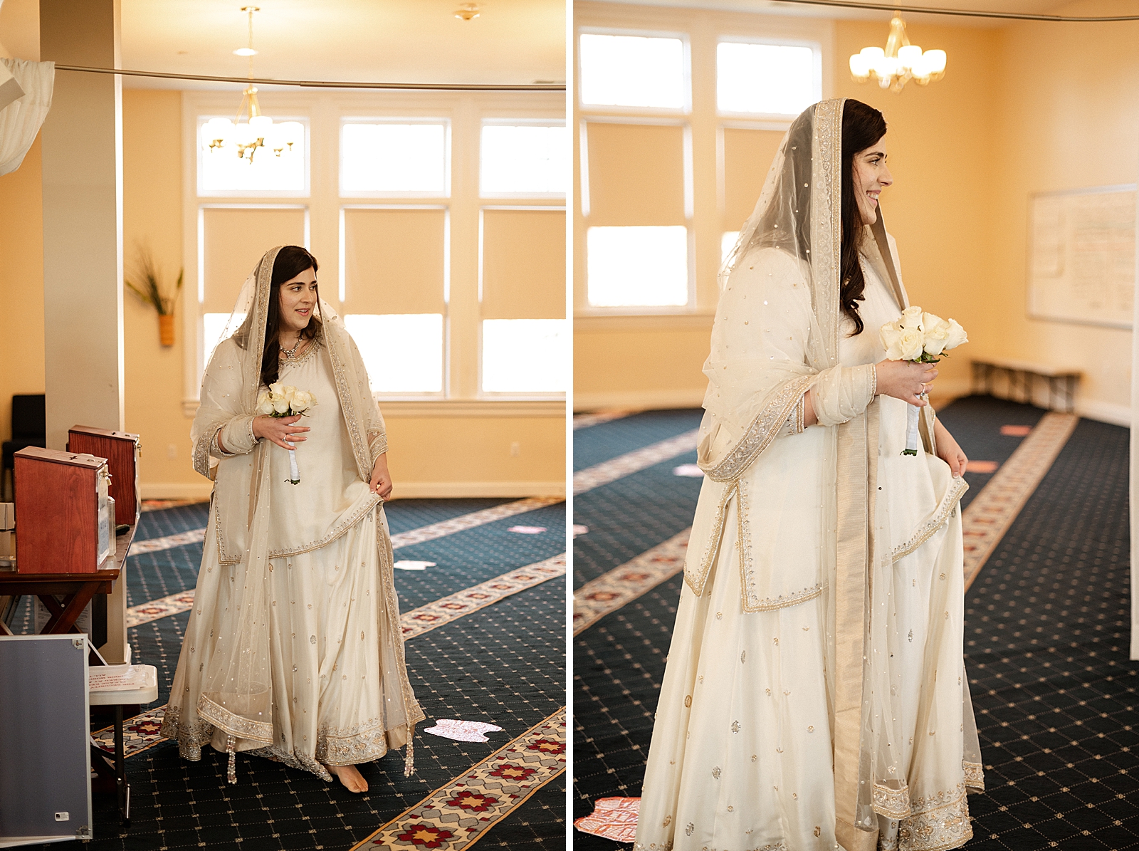 Bride in white indian dress inside