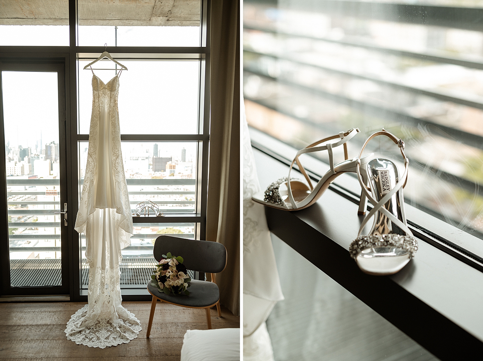 Detail shot of wedding dress hanging by window and wedding shoes