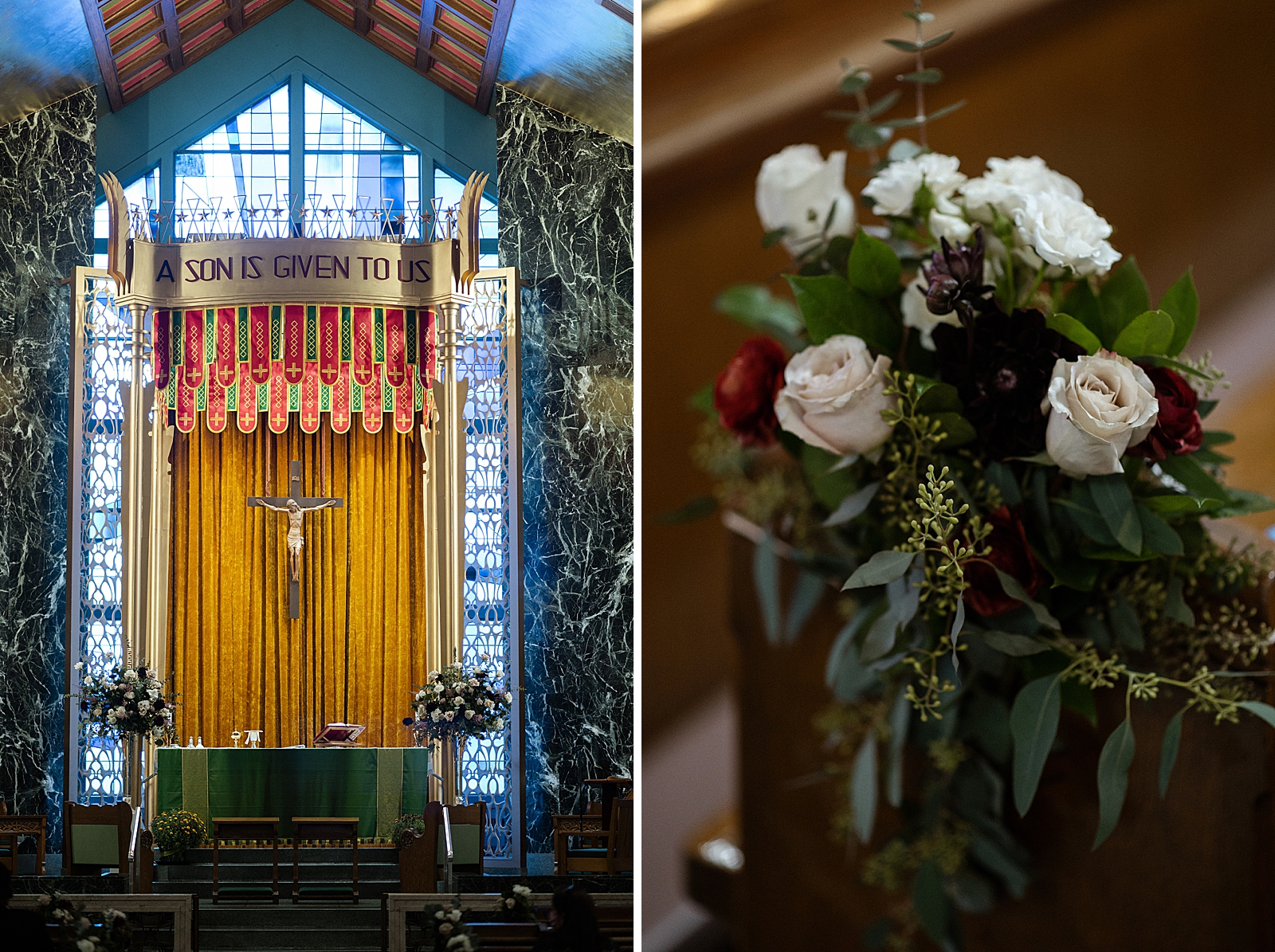 Detail shot of church alter area and flower decor