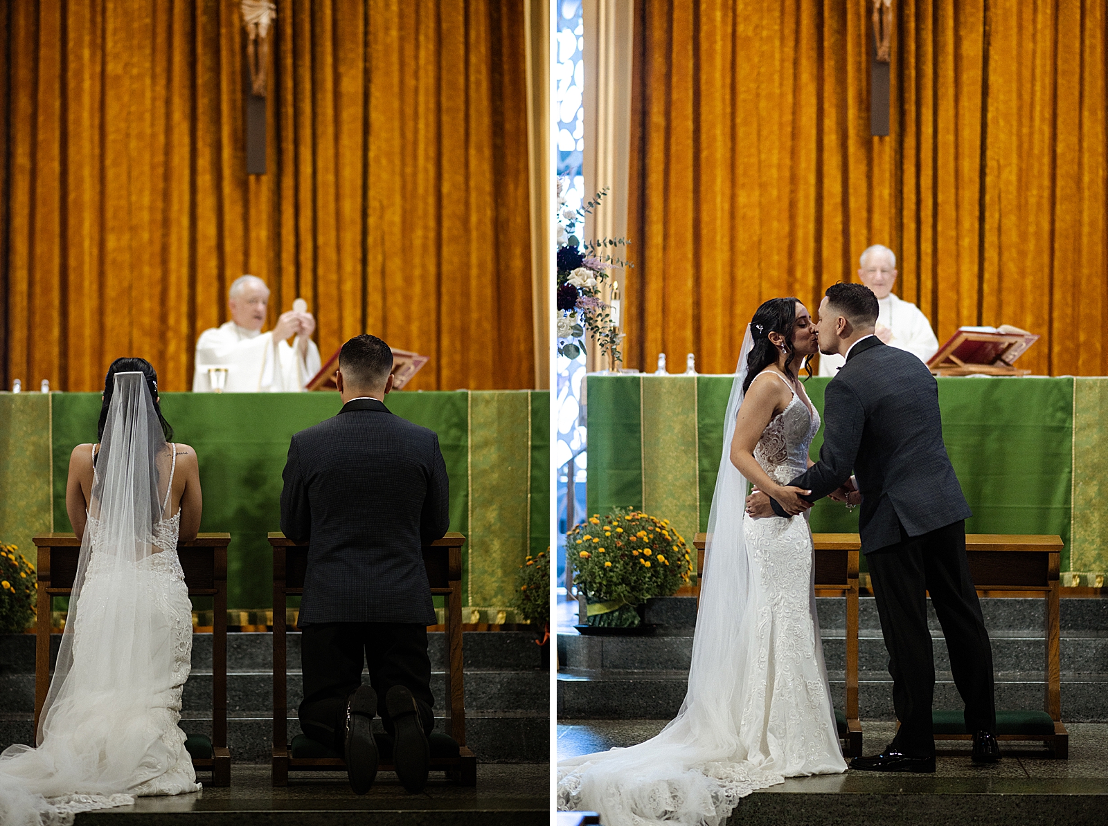 Bride and Groom kneeling at prayer alter and kissing Ceremony