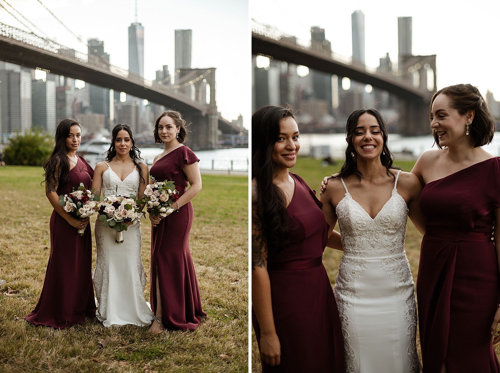 Bride with Bridesmaids with bouquets in hand portrait