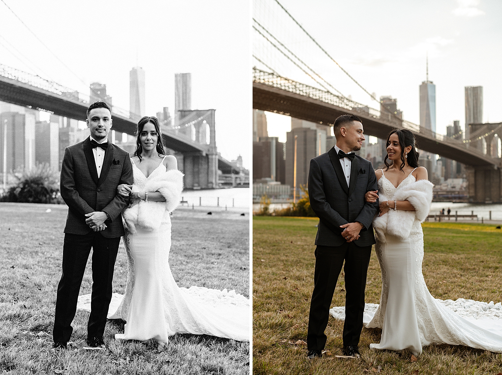 B&W portrait of Bride and Groom arm in arm in front of NYC Bridge