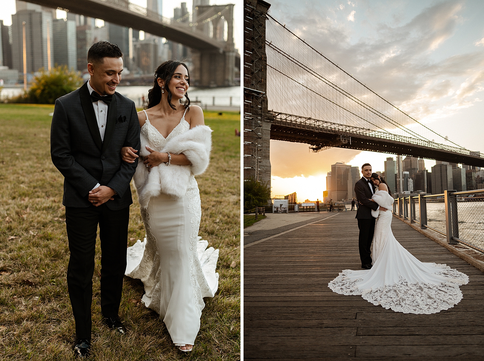 Bride and Groom arm in arm in front of Brooklyn Bridge