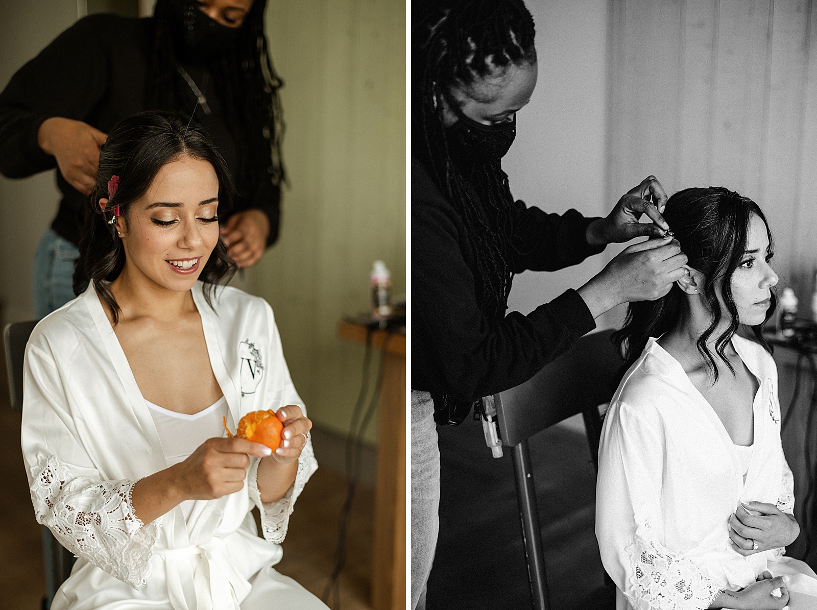 Bride getting hair done by hairstylist and peeling tangerine