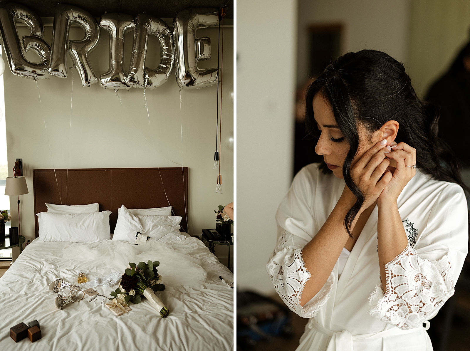Detail shot of Bed with bouquet heels and rings