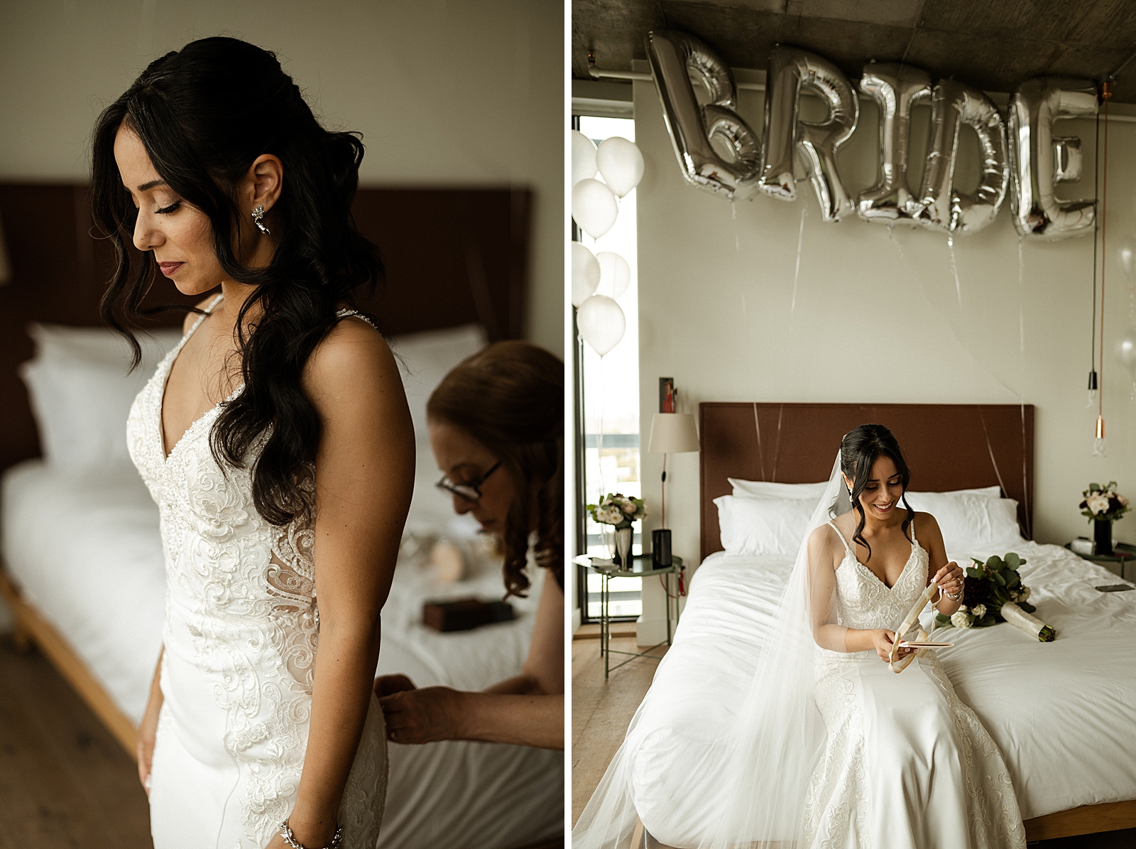 Bride getting help button up dress and sitting on bed after getting ready
