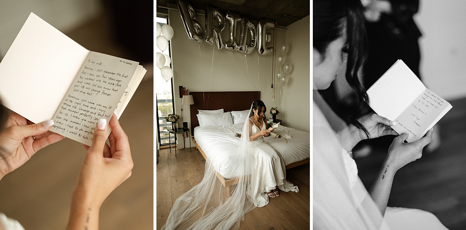 Detail shot of Bride reading Groom's letter to her on bed