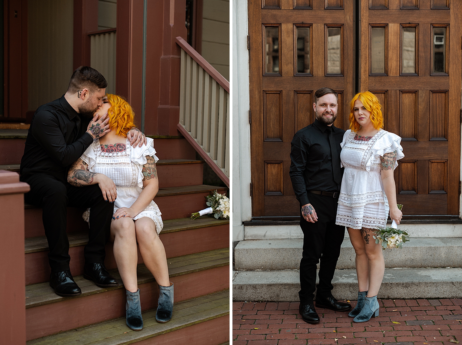 Bride and Groom sitting on staircase together and kissing
