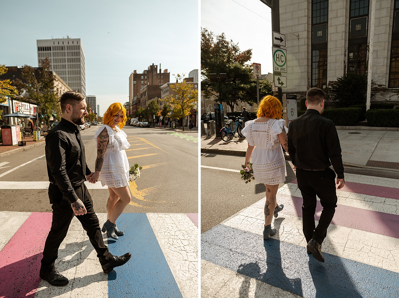 Bride and Groom holding hands and crossing the street together