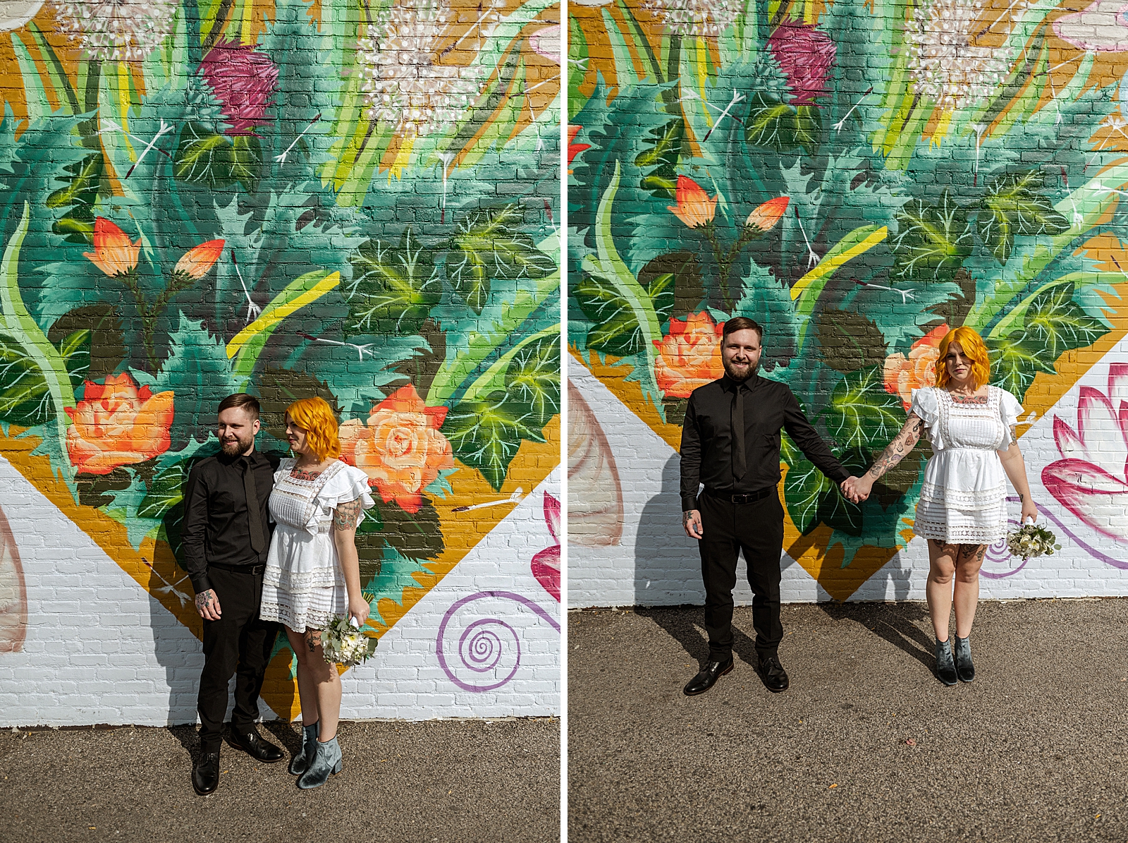 Bride and Groom holding hands in front of floral street art wall