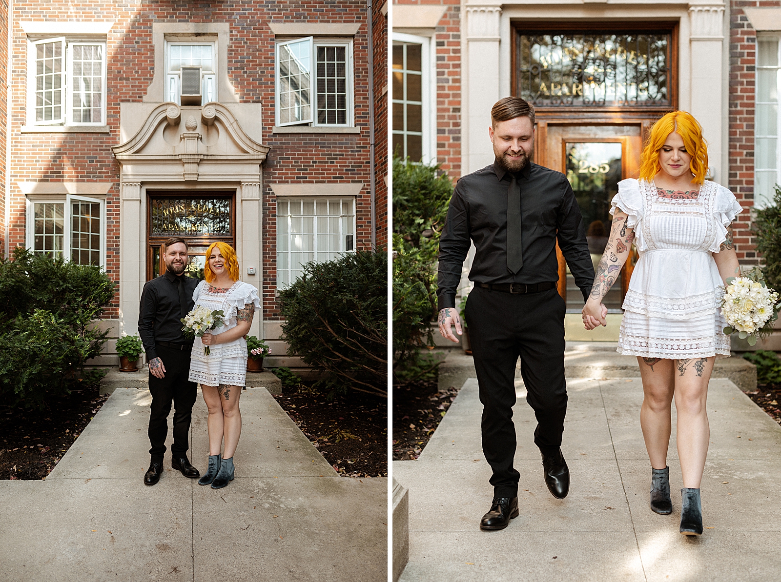 Portraits of Bride and Groom in front of red brick store building