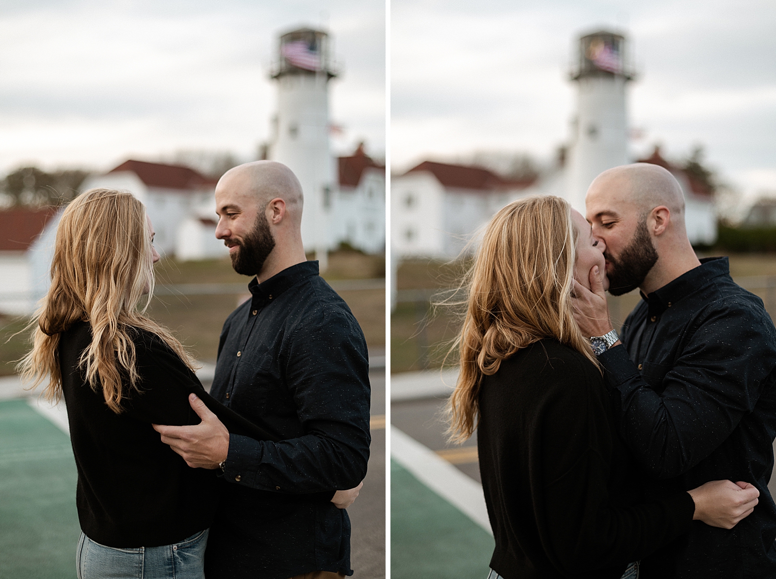 Couple holding and kissing each other in front of lighthouse