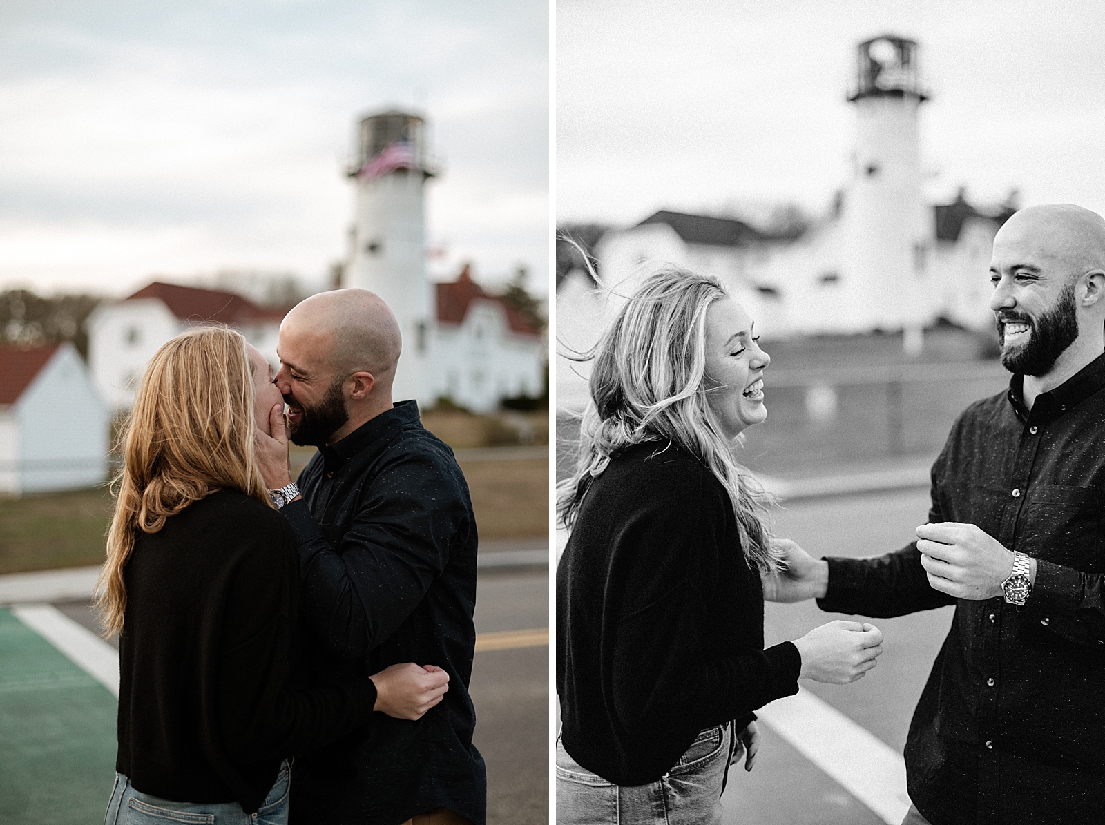 Couple kissing in front of lighthouse