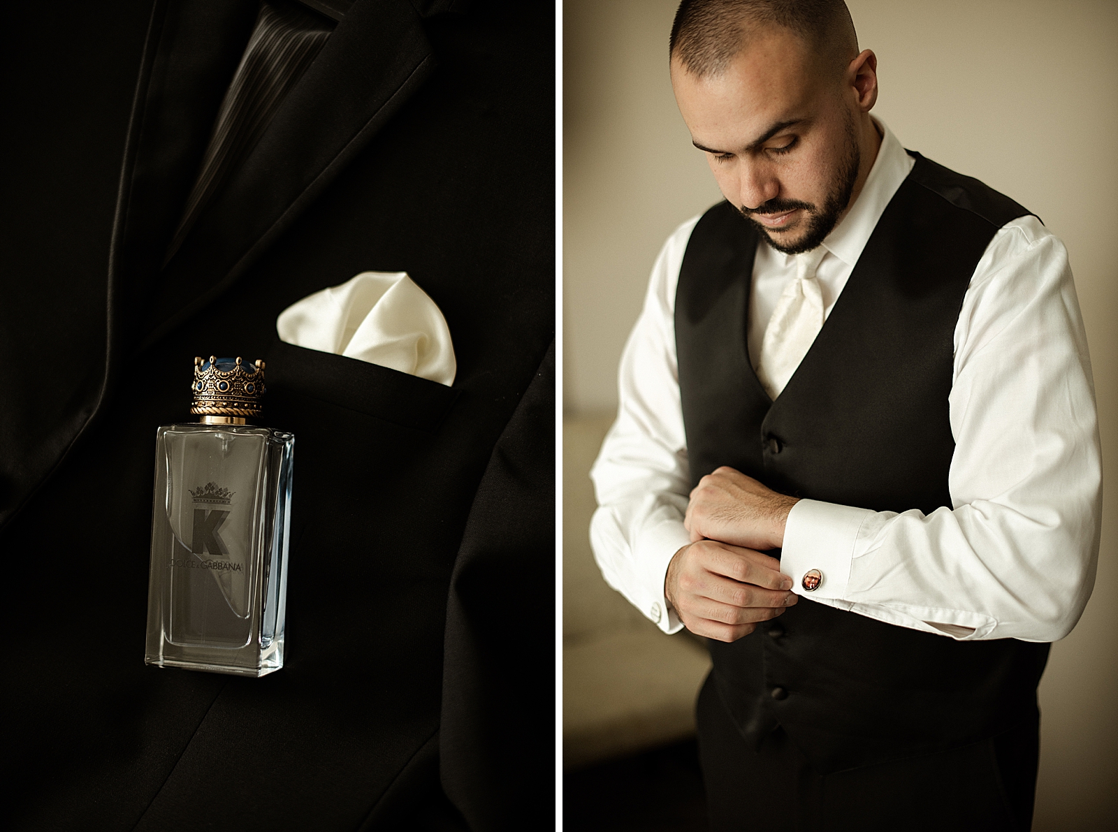 Groom adjusting cuffs and cologne