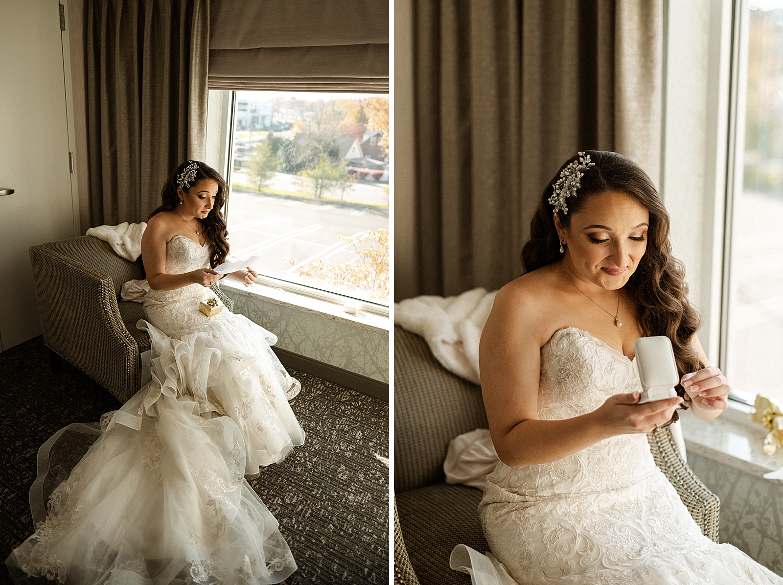 Bride reading letter by window getting ready