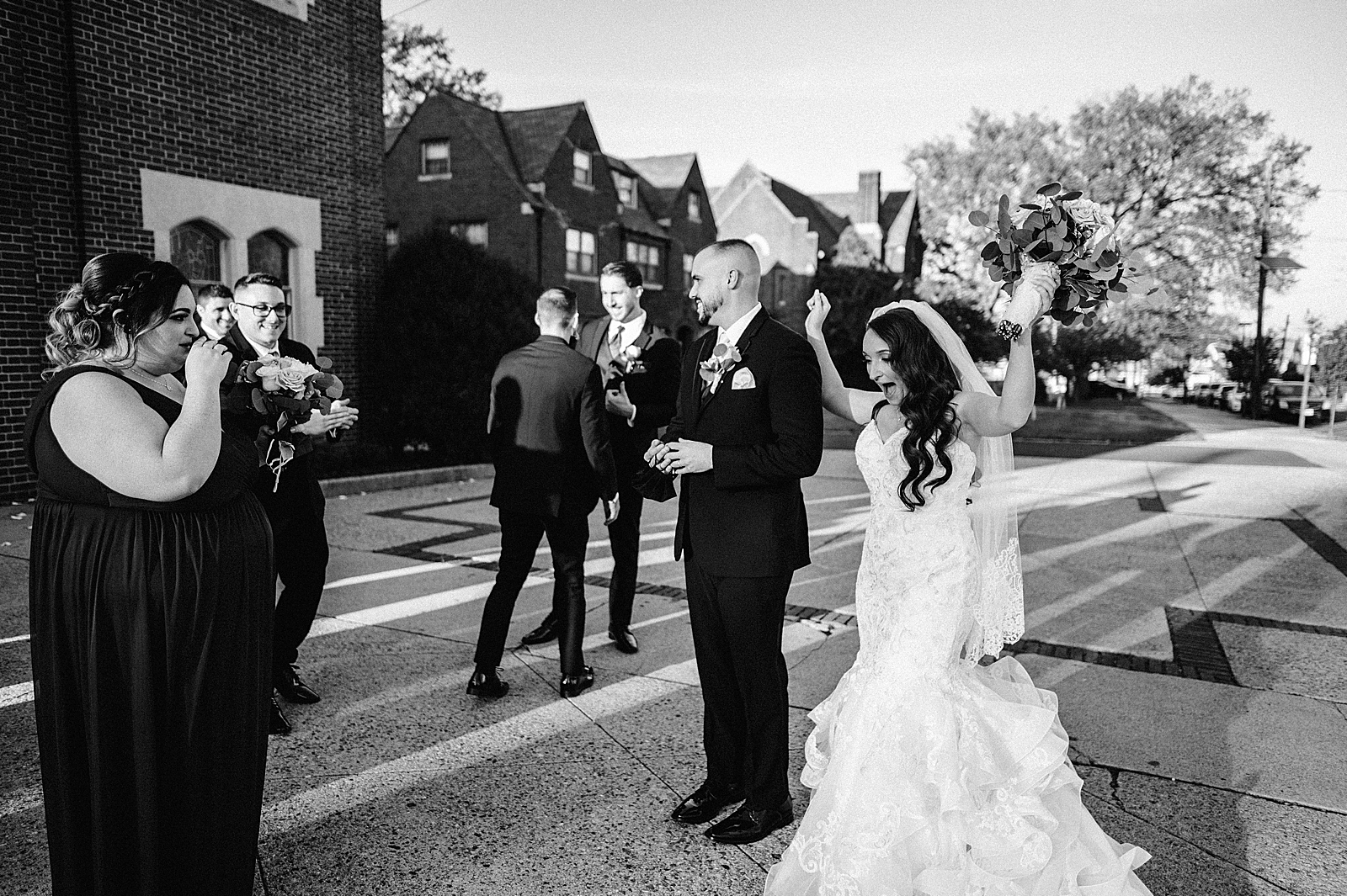 B&W Bride and Groom outside post Ceremony